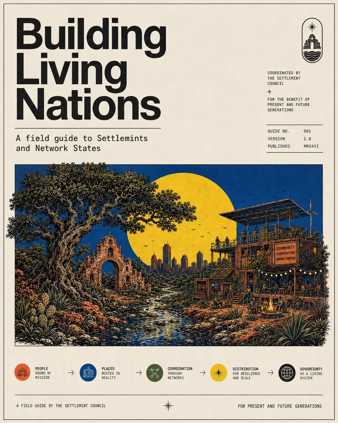 Guide cover: Building Living Nations — a field guide to Settlemints and network states, with a live oak, mission ruins, a golden sun, and a container module village