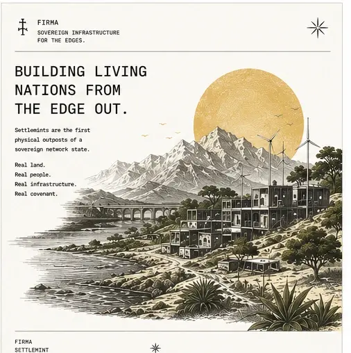Field-guide plate: 'Building living nations from the edge out.' — an engraved landscape of mountains, an aqueduct, wind turbines, and modular container buildings under a gold sun