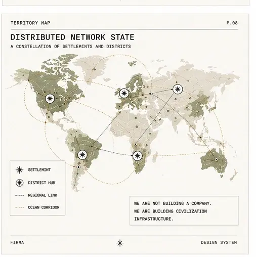 Field-guide plate: territory map of a distributed network state — a world constellation of Settlemints, district hubs, regional links, and ocean corridors