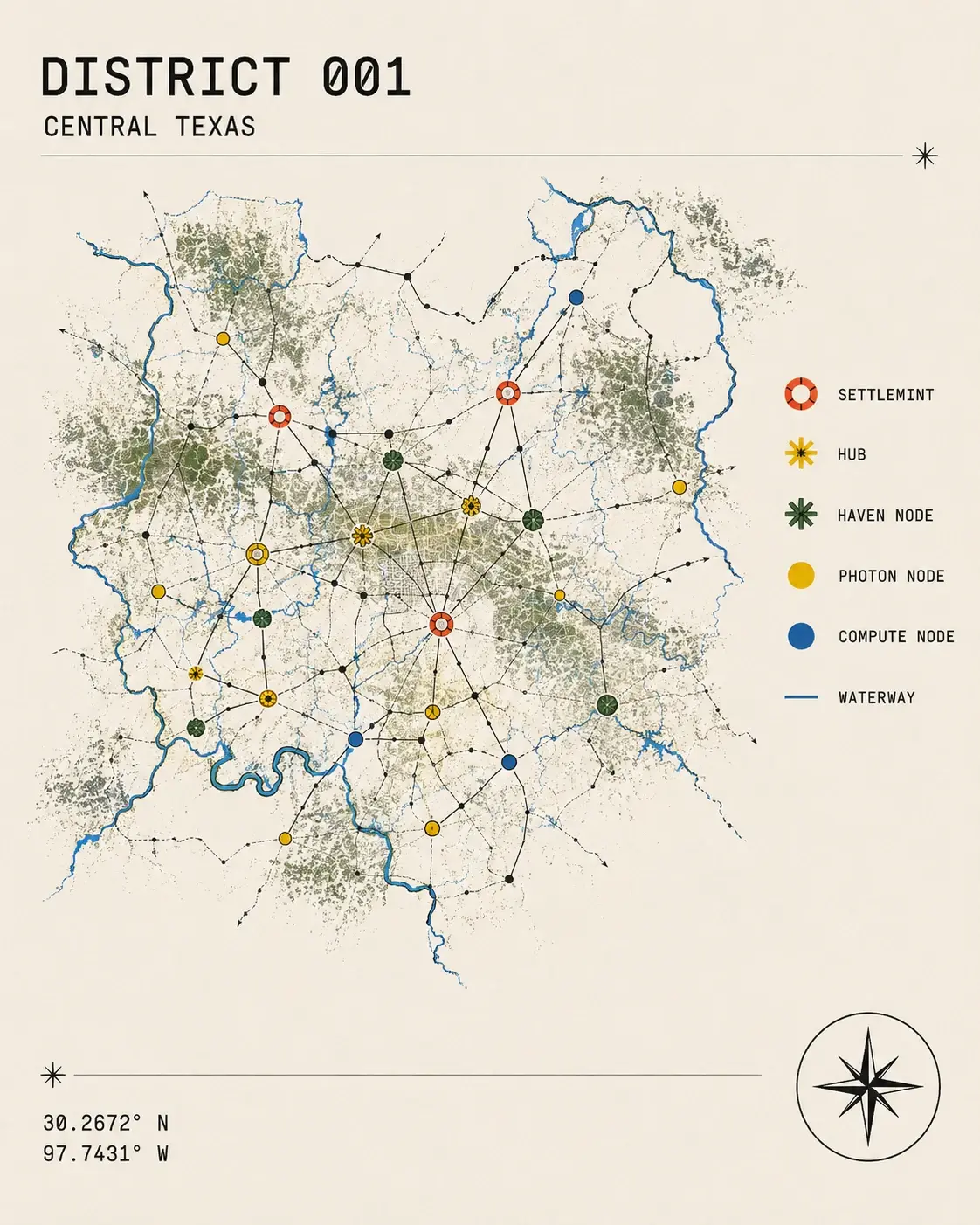 Field-guide plate: District 001, Central Texas — a cartographic map of Settlemints, hubs, haven nodes, photon nodes, compute nodes, and waterways