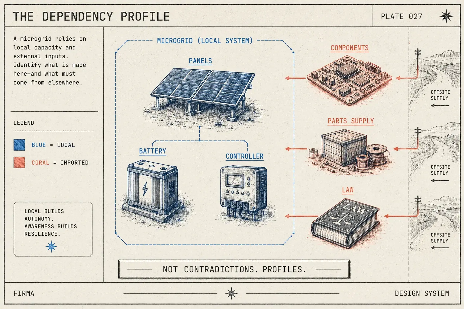 Field-guide plate: a microgrid drawn honestly with local elements in blue and imported components, parts, and law in coral