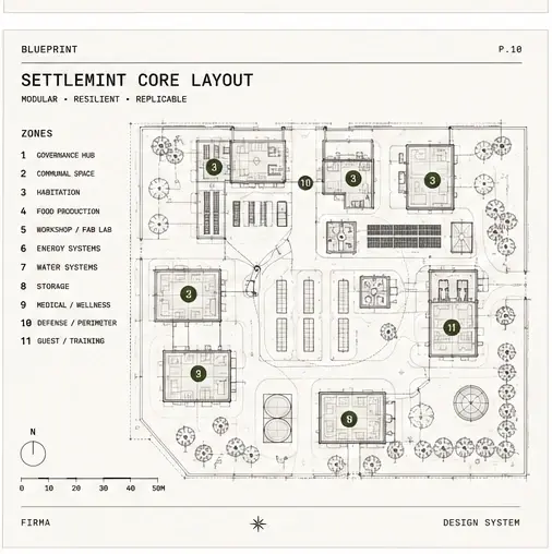 Field-guide plate: blueprint of a Settlemint core layout with eleven zones — governance hub, communal space, habitation, food production, workshop, energy, water, storage, medical, defense, and guest quarters