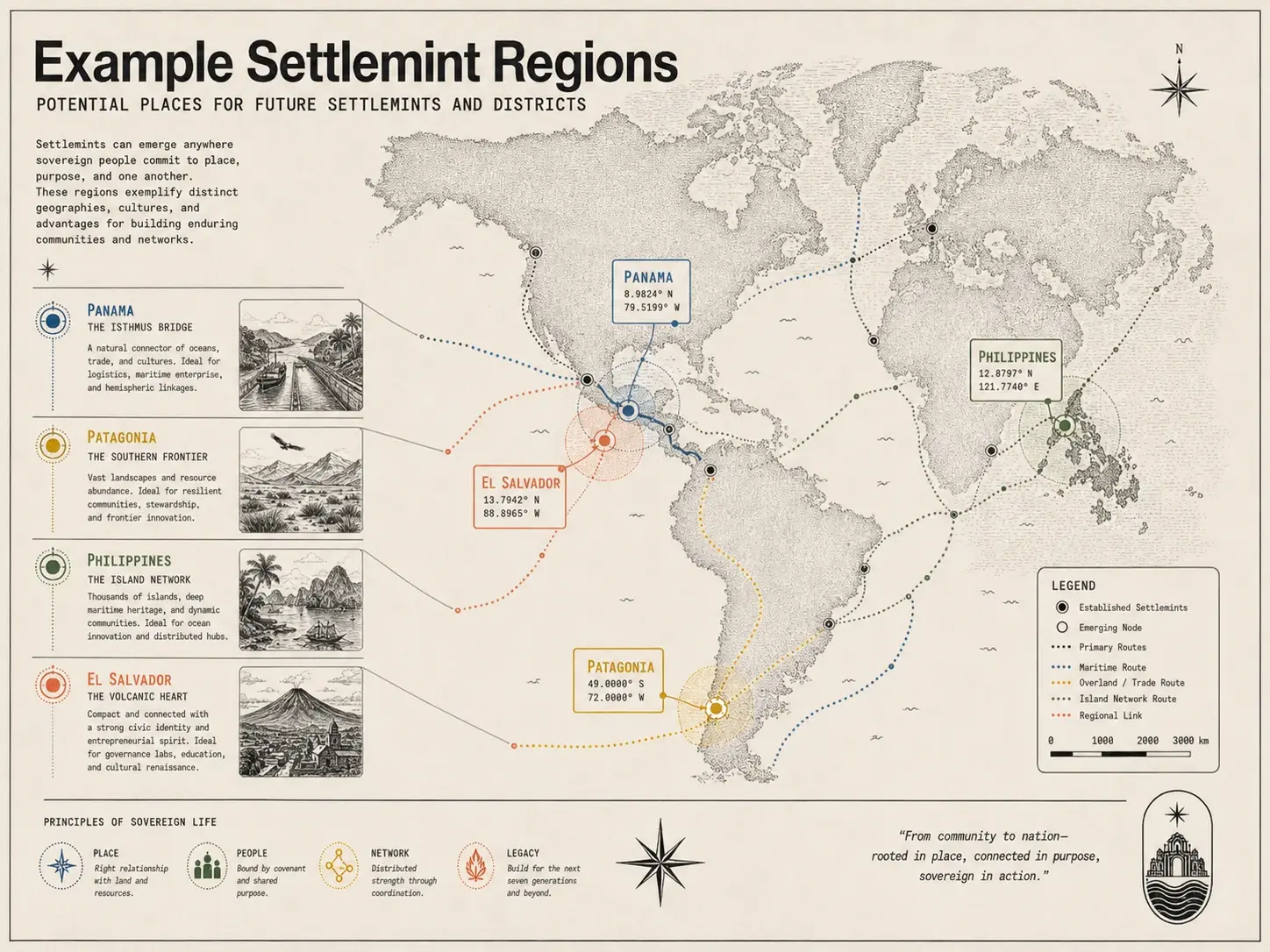 Field-guide plate: example Settlemint regions — Panama, Patagonia, the Philippines, and El Salvador mapped as potential places for future Settlemints and districts