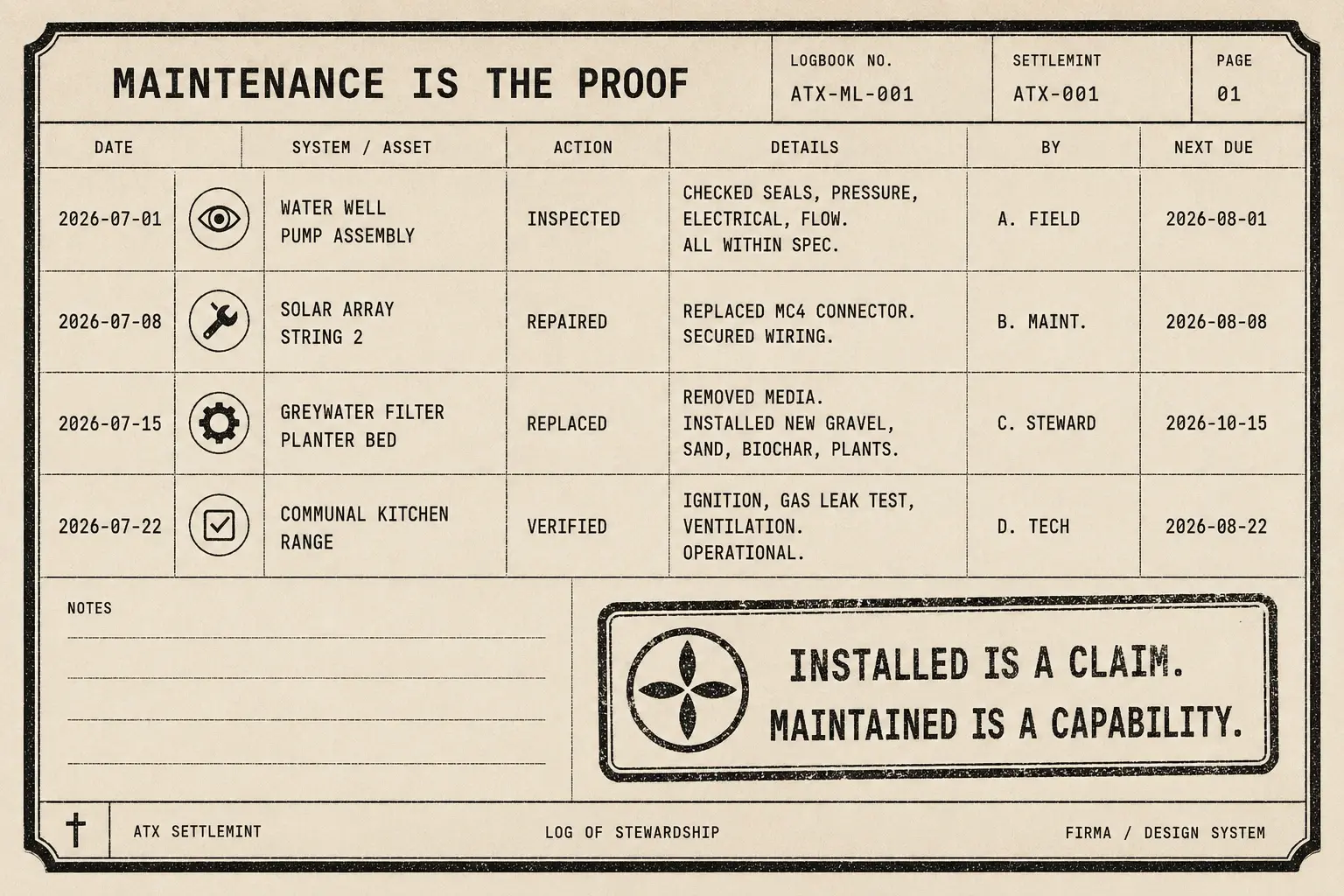 Field-guide plate: maintenance logbook page with dated inspect, repair, replace, verify entries