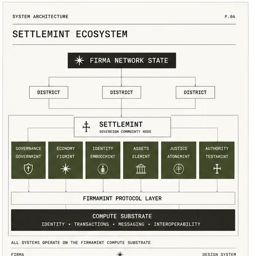 Field-guide plate: system architecture of the Settlemint ecosystem — network state, districts, Settlemint node, six mint layers, Firmamint protocol layer, and compute substrate