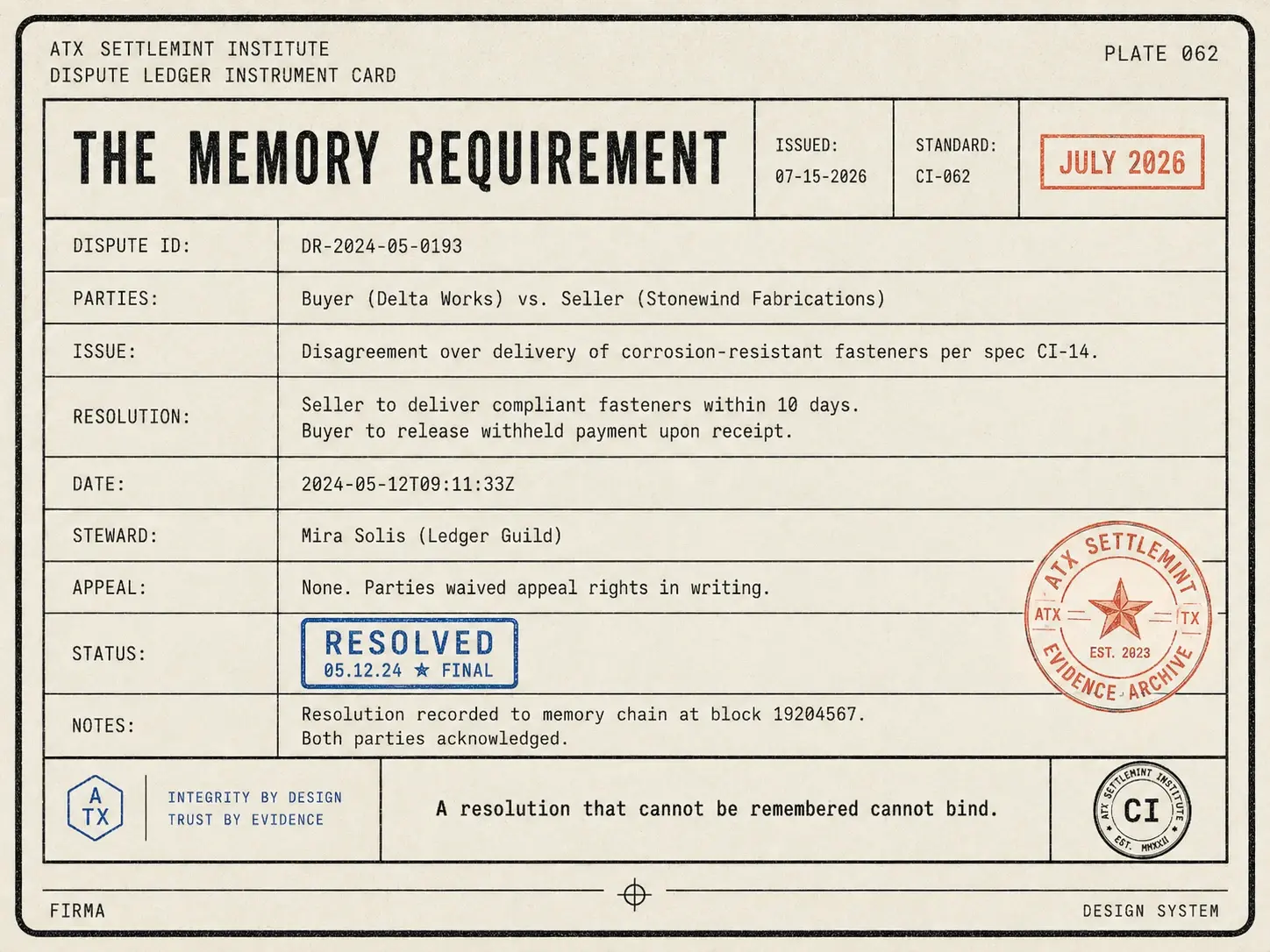 Field-guide plate: dispute ledger card with a resolved entry, stamped RESOLVED